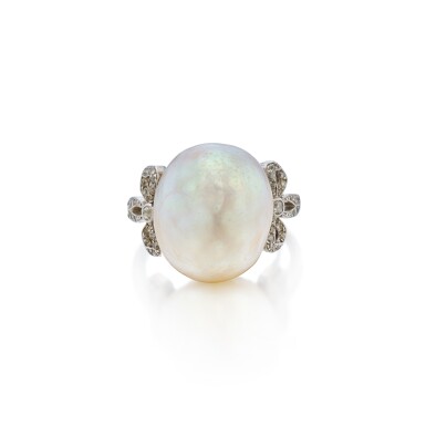 View full screen - View 1 of Lot 288. Natural Pearl and Diamond Ring.
