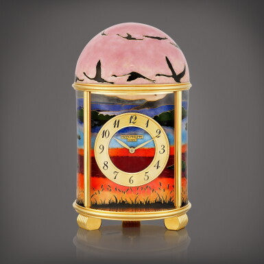 View full screen - View 1 of Lot 2132. "Lake in the Savannah", Reference 20071 | A unique gilt brass dome table clock with cloisonné enamel, Circa 2019 | 百達翡麗 | "Lake in the Savannah" 型號20071 | 獨一無二鍍金銅製座鐘,備掐絲琺瑯,約2019年製.
