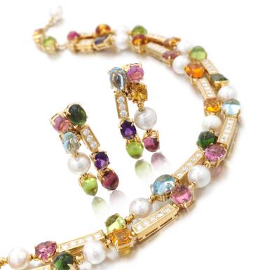 View full screen - View 1 of Lot 173. Cultured pearl and gem set demi-parure, 'Allegra' | Collana in perle coltivate, gem set, 'Allegra'.