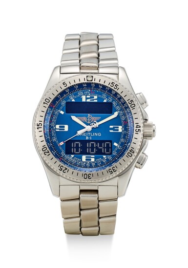 View full screen - View 1 of Lot 8267. BREITLING | PROFESSIONAL SERIES B-1, REFERENCE A68362, A STAINLESS STEEL CALENDER CHRONOGRAPH WRISTWATCH WITH BRACELET, ALARM AND DUAL TIME ZONE, CIRCA 2003.