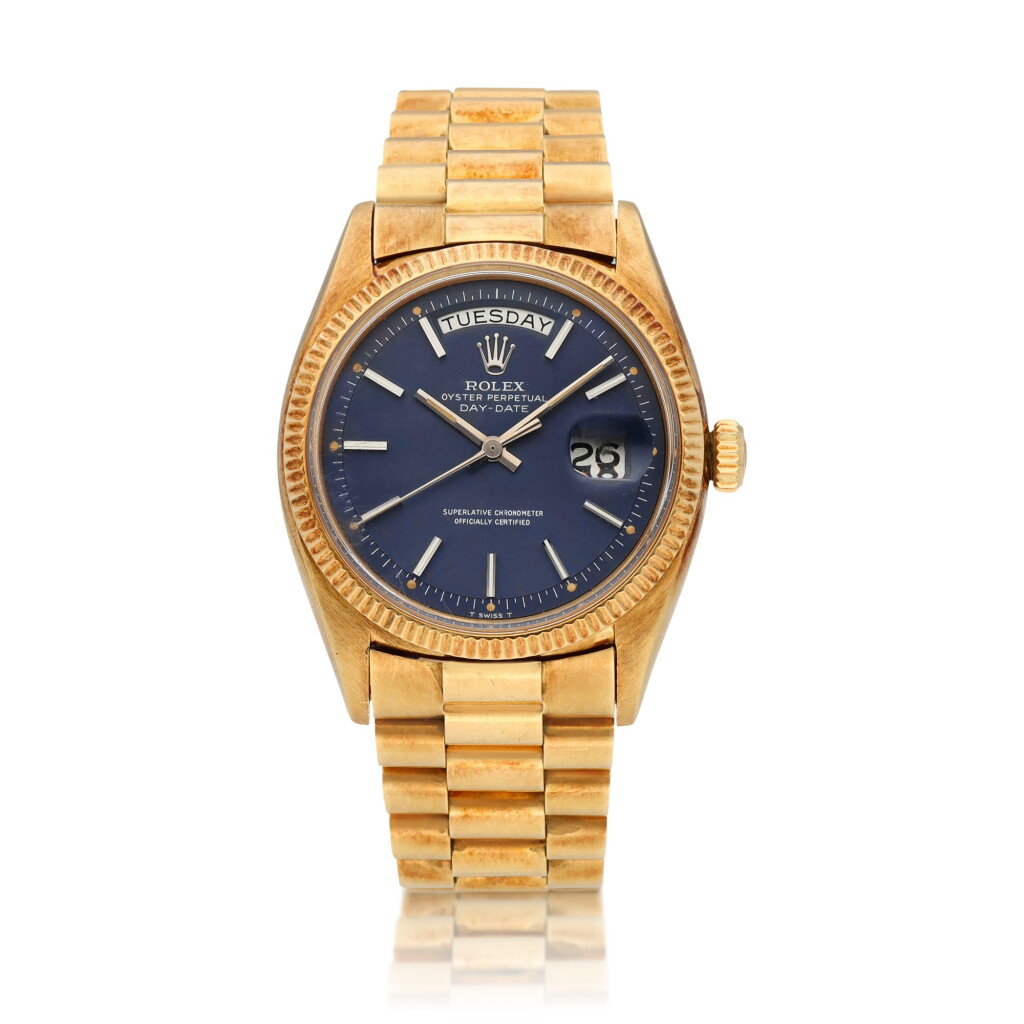View full screen - View 1 of Lot 11. Day-Date, Ref. 6611B Yellow gold wristwatch with day, date and bracelet Circa 1958.
