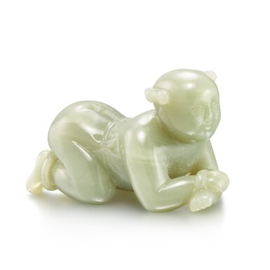 View full screen - View 1 of Lot 498. A celadon jade figure of a boy, Qing dynasty 清 青白玉跪臥童子.