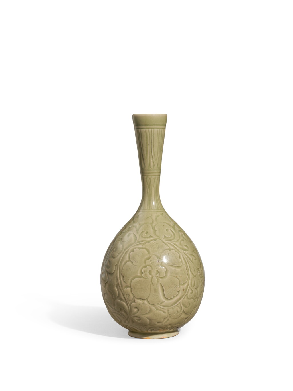 View full screen - View 1 of Lot 2095. A carved Yaozhou celadon 'peony' bottle vase, Jin dynasty | 金 耀州青釉刻纏枝牡丹紋長頸瓶.