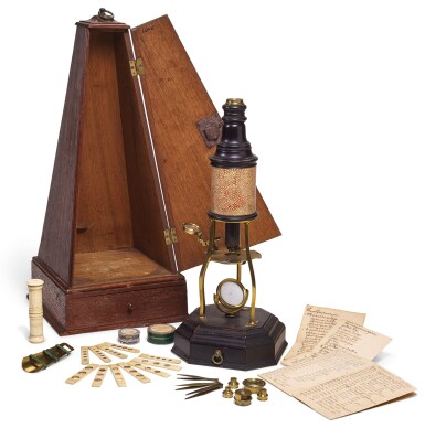 View full screen - View 1 of Lot 102. AN ENGLISH CULPEPER TYPE COMPOUND MONOCULAR MICROSCOPE, SECOND QUARTER 18TH CENTURY.
