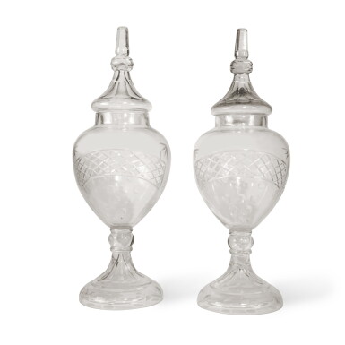 View full screen - View 1 of Lot 481. A Pair of Large Cut-Glass Apothecary Display Jars and Covers, Late 19th Century.