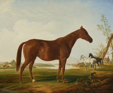View full screen - View 1 of Lot 451. Fashion in a Landscape with Horses Beyond.