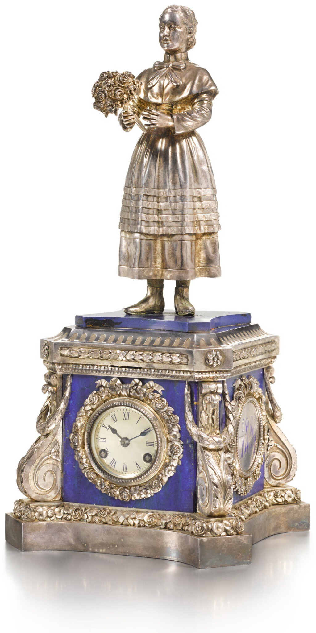View full screen - View 1 of Lot 108. A SILVER, ENAMEL AND LAPIS PRESENTATION CLOCK, KHLEBNIKOV, MOSCOW, 1891.