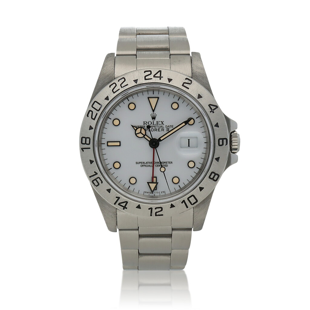 View full screen - View 1 of Lot 407. Explorer II, ref. 16570 Stainless steel dual time zone wristwatch with date, 24-hour indication and bracelet Circa 1991.