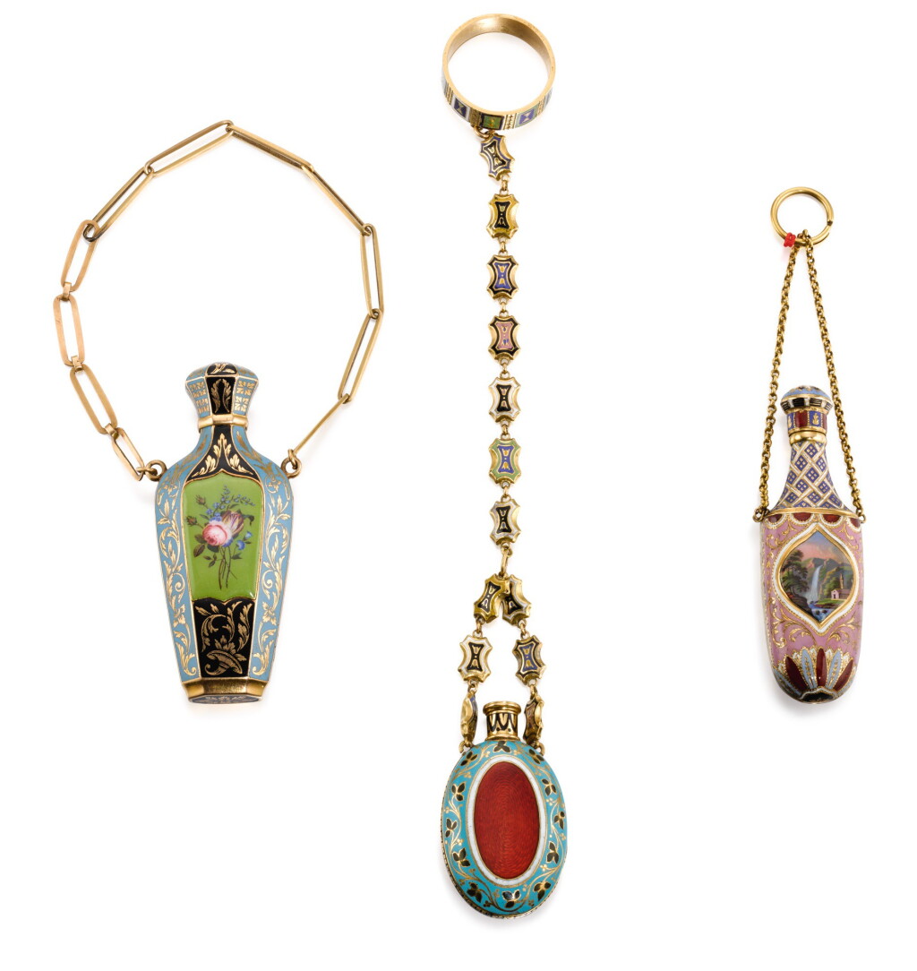 View full screen - View 1 of Lot 49. THREE 'TURKISH MARKET' GOLD AND ENAMEL SCENT BOTTLES, GENEVA, CIRCA 1825.