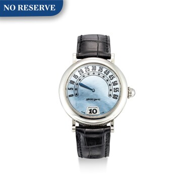 View full screen - View 1 of Lot 106. GERALD GENTA | RETRO, REFERENCE G. 3634 A STAINLESS STEEL JUMPING HOUR WRISTWATCH WITH RETROGRADE MINUTES AND MOTHER-OF-PEARL DIAL, CIRCA 2000.
