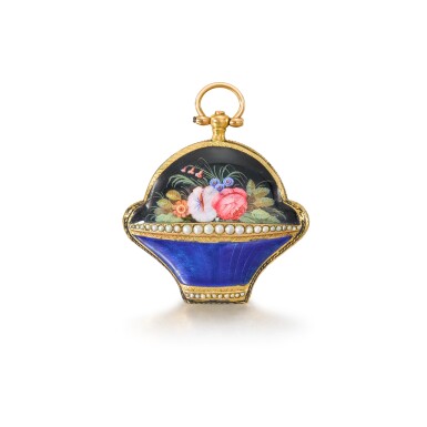 View full screen - View 1 of Lot 1329. A gold, enamel and pearl-set basket-form verge watch Circa 1810, no. 3331.