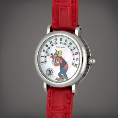 View full screen - View 1 of Lot 288. Retro 'Goofy', Reference G3612 | A stainless steel jumping hour wristwatch with retrograde minutes and mother-of-pearl dial | Circa 1997.