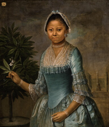 View full screen - View 1 of Lot 238. J. SCHUL.., MID 18TH CENTURY | PORTRAIT OF A LADY, THREE QUARTER LENGTH, HOLDING AN ORANGE TREE FLOWER.