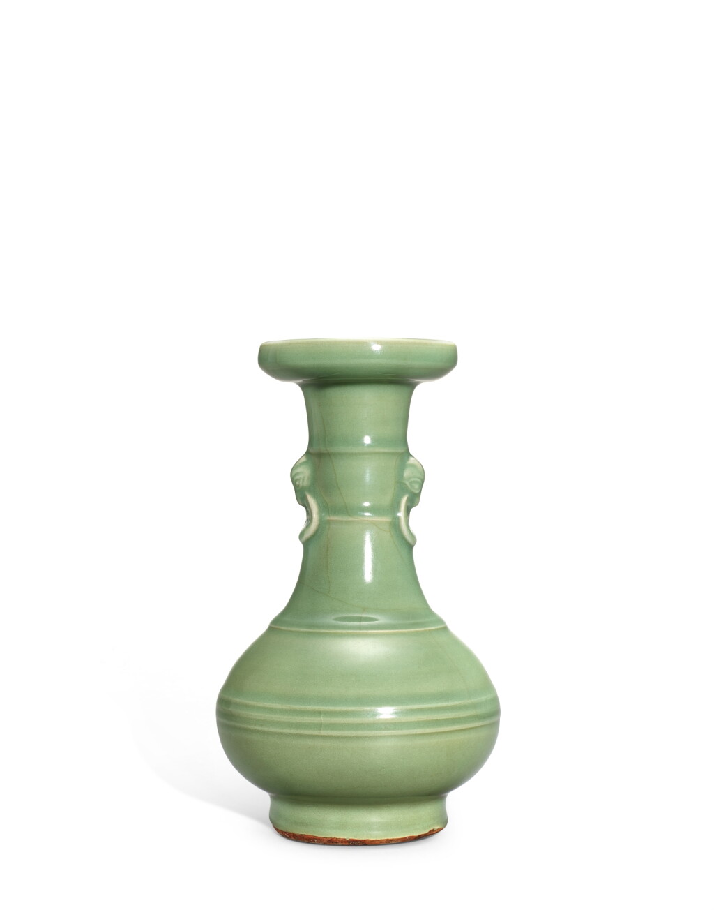 View full screen - View 1 of Lot 603. A Longquan celadon vase, Ming dynasty|明 龍泉青釉弦紋舖首耳盤口瓶.