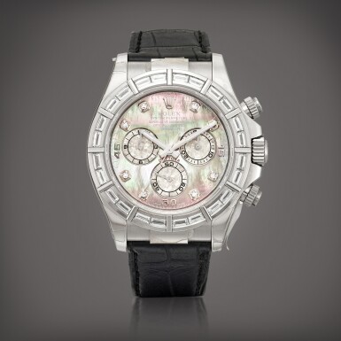 View full screen - View 1 of Lot 2212. Cosmograph Daytona, Reference 116589 | A white gold and diamond-set chronograph wristwatch with mother-of-pearl dial, Circa 2013 | 勞力士 | COSMOGRAPH DAYTONA 型號116589 | 白金鑲鑽石計時腕錶,備珠母貝錶盤,約2013年製.