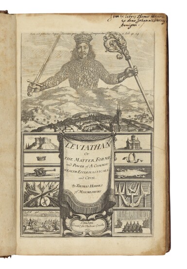 View full screen - View 1 of Lot 173. HOBBES, THOMAS | Leviathan, or The Matter, Forme, & Power of a Common-Wealth Ecclesiasticall and Civill. London: Printed for Andrew Crooke, at the Green Dragon in St. Pauls Church-yard, 1651.
