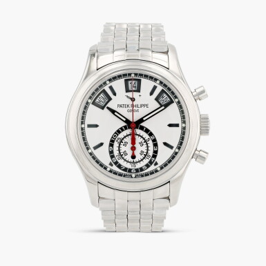 View full screen - View 1 of Lot 351. Reference 5960/1A-001, stainless steel flyback chronograph annual calendar wristwatch with power reserve, day/night indication and bracelet, circa 2014.