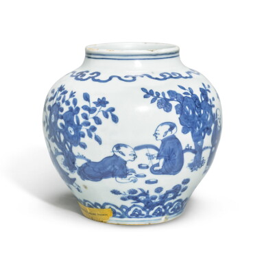 View full screen - View 1 of Lot 514. A SMALL AND RARE BLUE AND WHITE 'BOYS' JAR, JIAJING MARK AND PERIOD .