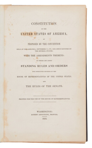 View full screen - View 1 of Lot 67. United States Constitution | A commemorative copy, signed by President Franklin Pierce.