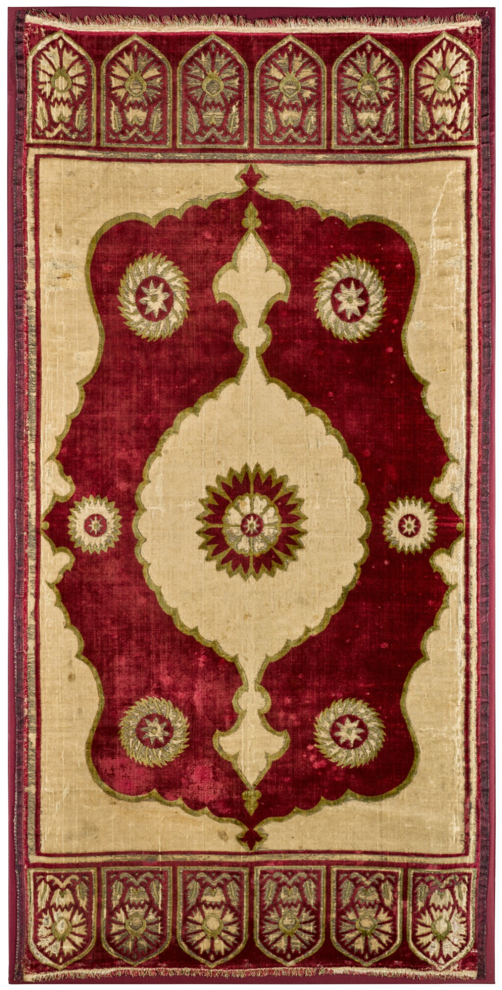 View full screen - View 1 of Lot 148. An Ottoman voided silk velvet and metal-thread panel (yastik), Turkey, Bursa or Istanbul, late 16th/early 17th century.