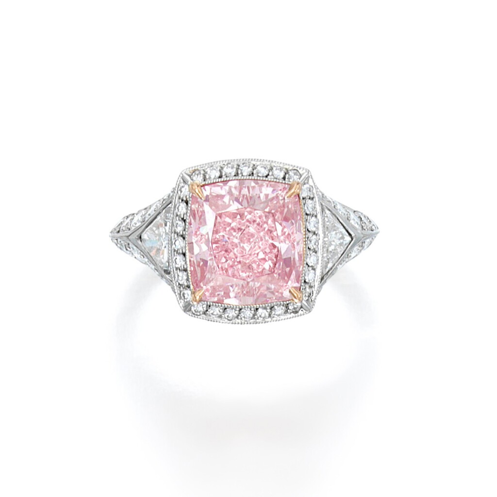 View full screen - View 1 of Lot 43. An Important Fancy Intense Pink Diamond and Diamond Ring.