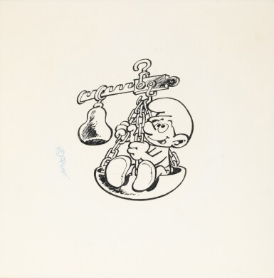 View full screen - View 1 of Lot 199. Les Schtroumpfs du Zodiaque. 4 dessins originaux, pour des autocollants, années 80.