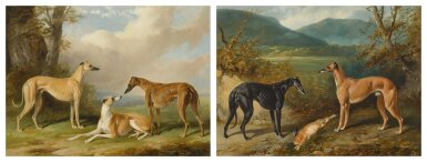 View full screen - View 1 of Lot 83. Three greyhounds in a landscape; Two greyhounds and a hare in a landscape.