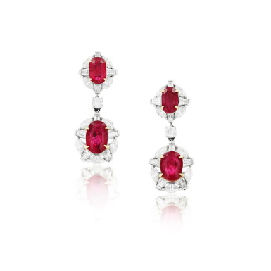 View full screen - View 1 of Lot 978. Pair of Ruby and Diamond Pendent Earrings.