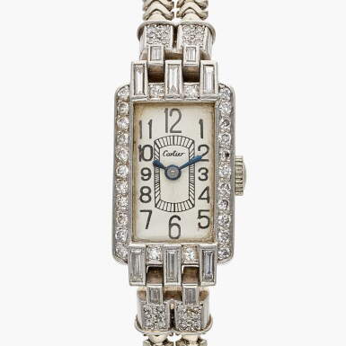 View full screen - View 1 of Lot 491. An Art Deco platinum, yellow gold, enamel, and diamond-set bracelet watch, Circa 1920.