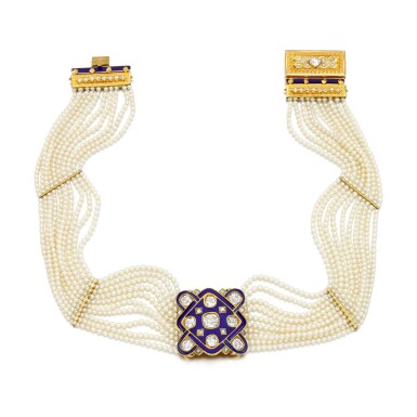 View full screen - View 1 of Lot 144. An enamel, seed pearl and diamond necklace, circa 1900.