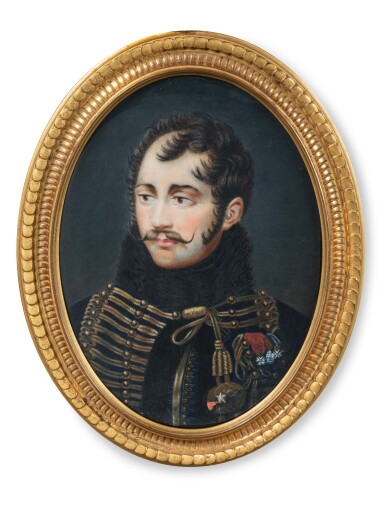 View full screen - View 1 of Lot 27. A large oval miniature on ivory representing the General Lasalle after Baron Gros, French School, 19th century | Grande miniature ovale sur ivoire représentant le Général Lasalle d'après le baron Gros, Ecole française, XIXe siècle.
