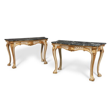 View full screen - View 1 of Lot 170. A Pair of Neapolitan Rococo White Painted Parcel Gilt Console Tables with Levanto Marble Tops, Circa 1750.