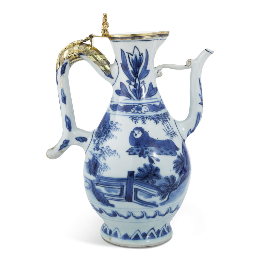 View full screen - View 1 of Lot 22. A CHINESE BLUE AND WHITE PORCELAIN EWER WITH SILVER-GILT MOUNTS, MID 17TH CENTURY, THE MOUNTS PROBABLY ENGLISH OR FLEMISH.