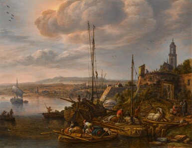 View full screen - View 1 of Lot 233. A river port in a Rhenish landscape with figures loading boats, a tower beyond.