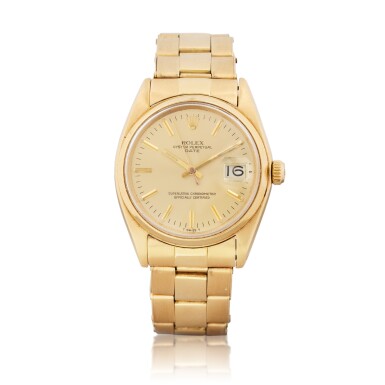 View full screen - View 1 of Lot 1014. Oyster Date, Ref. 1500 Montre bracelet en or jaune avec date et bracelet | Yellow gold wristwatch with date and bracelet Vers 1963 | Circa 1963.