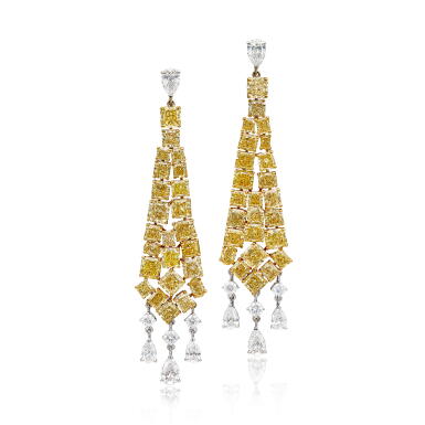 View full screen - View 1 of Lot 1358. PAIR OF COLOURED DIAMOND AND DIAMOND PENDANT EARRINGS | 格拉夫 | 彩色鑽石 配 鑽石 耳環一對.