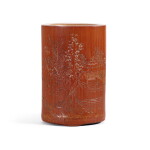 A finely carved bamboo brushpot by Zhou Hao, Qing dynasty, dated gengxu year, corresponding to 1730 | 清庚戌年(1730年) 周顥作山林景緻竹刻筆筒 《庚戌仲夏芷嵒周顥》款