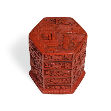 View full screen - View 1 of Lot 294. A CARVED CINNABAR LACQUER TIERED BOX AND COVER, MING DYNASTY, 16TH CENTURY | 明十六世紀 剔紅庭院高士圖四層六方蓋盒.