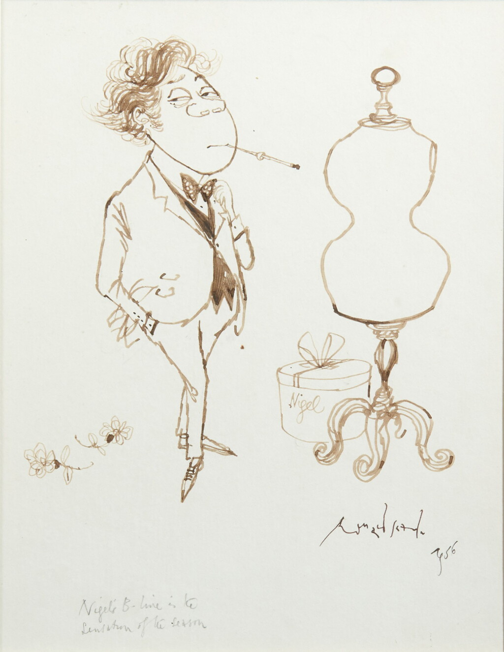 View full screen - View 1 of Lot 156. Ronald Searle | "Nigel's B-line is the sensation of the season", pen and ink drawing, 1956, framed and glazed.