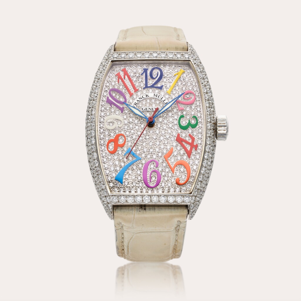 View full screen - View 1 of Lot 587. Reference 7851 SC D CD Color Dreams Cintree Curvex | A white gold and diamond-set automatic tonneau-shaped wristwatch, Circa 2015.