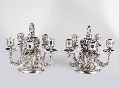 View full screen - View 1 of Lot 24. A Pair of Danish Silver Five-Light Candelabra, No. 383A, Designed by Georg Jensen, Georg Jensen Silversmithy, Copenhagen, 1925–1932.