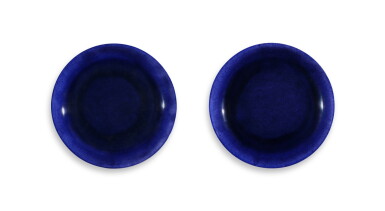 View full screen - View 1 of Lot 2176. A fine pair of incised purple-glazed ‘dragon’ dishes, Marks and period of Kangxi | 清康熙 茄皮紫釉暗龍紋盤一對 《大清康熙年製》款.