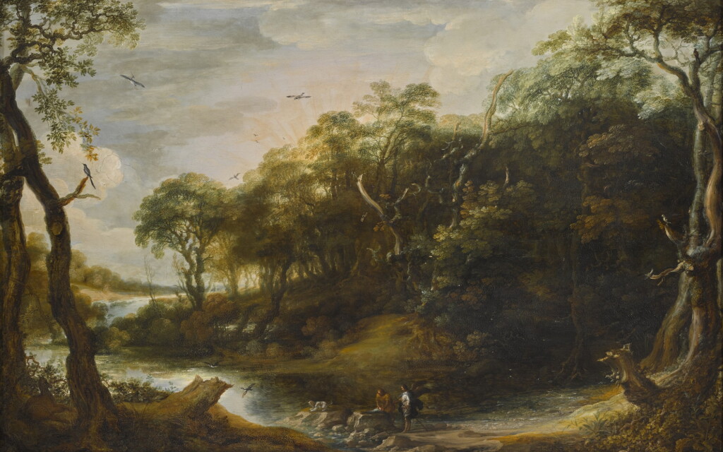 View full screen - View 1 of Lot 229. ADRIAEN VAN STALBEMT | WOODED RIVER LANDSCAPE WITH TOBIAS AND THE ANGEL.