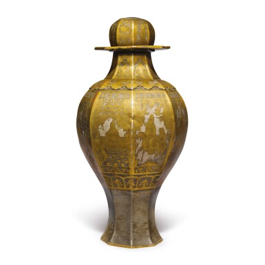 View full screen - View 1 of Lot 622. A BRONZE-INLAID PEWTER 'ROMANCE OF THE WESTERN CHAMBER' OCTAGONAL VASE AND COVER, MING DYNASTY, DATED SIXTH YEAR OF WANLI PERIOD, CORRESPONDING TO 1578.