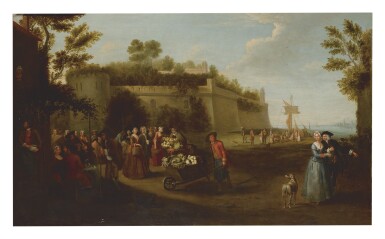 View full screen - View 1 of Lot 9. BALTHASAR NEBOT | A MARKET SCENE WITH FRUIT AND VEGETABLE SELLERS IN FRONT OF A WALLED TOWN.