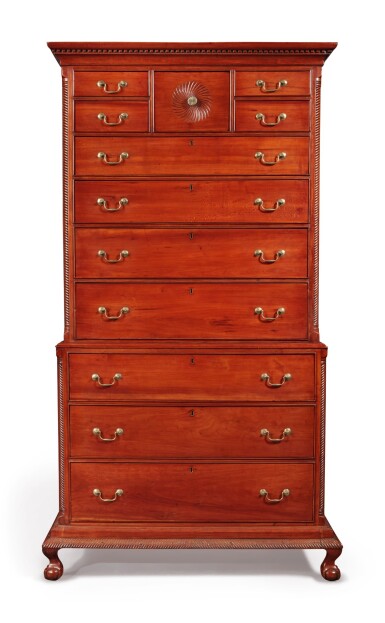 View full screen - View 1 of Lot 65. Fine and Rare Chippendale Carved Cherrywood Chest-on-Chest, Signed by Bates How (b. 1776), Northwestern Connecticut, circa 1780.