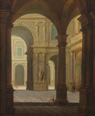 View full screen - View 1 of Lot 27. A palace courtyard with figures | Une cour de palais animée de figures.