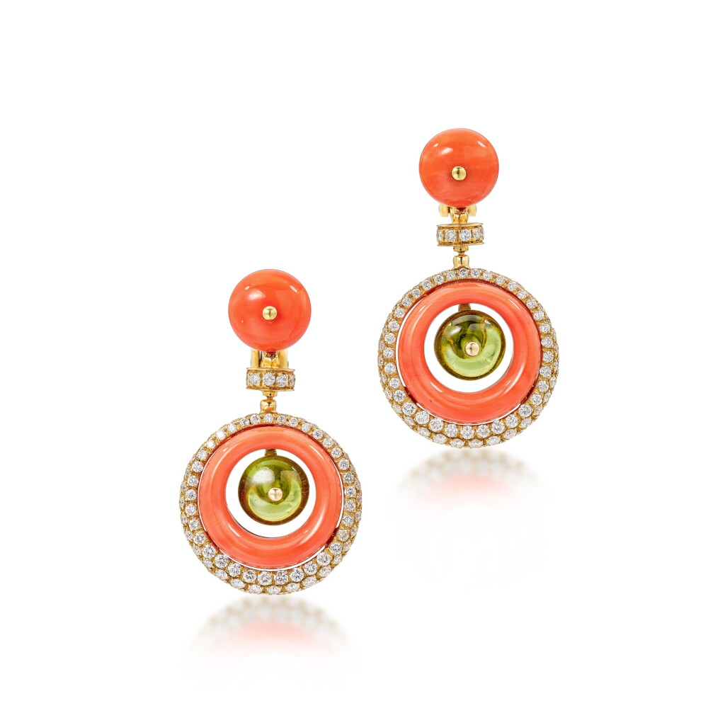 View full screen - View 1 of Lot 1730. Pair of Gem Set and Diamond Pendent Earrings | 寶格麗 | 寶石 配 鑽石 耳墜一對.