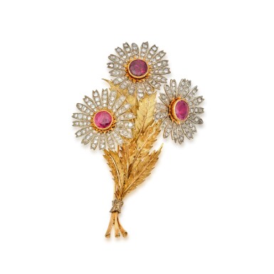 View full screen - View 1 of Lot 561. Two-Color Gold, Ruby and Diamond Clip-Brooch.