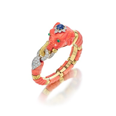 View full screen - View 1 of Lot 222. Coral, Sapphire, Emerald and Diamond Bracelet.